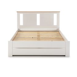 Cama para colchón de 140 cm, 198 x 152,3 x 100 cm, de madera de pino en blanco y natural  | Colección Enara