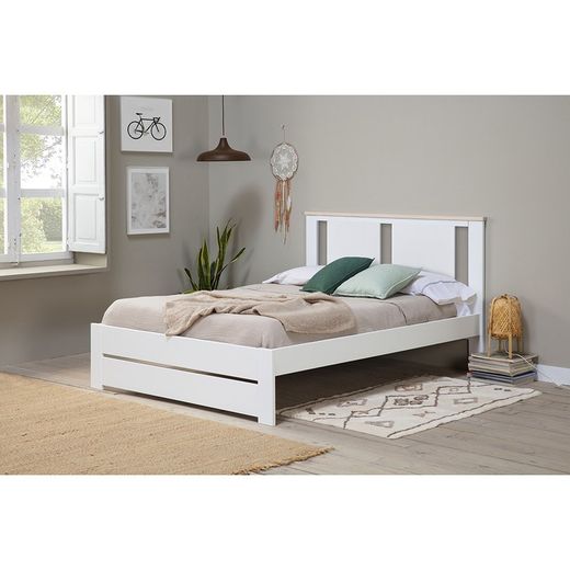 Cama para colchón de 140 cm, 198 x 152,3 x 100 cm, de madera de pino en blanco y natural  | Colección Enara