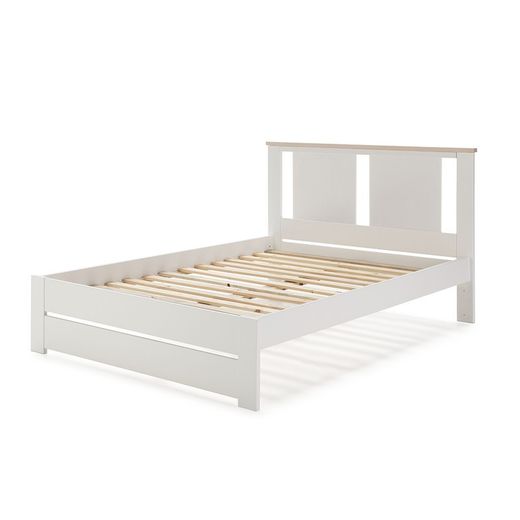 Cama para colchón de 140 cm, 198 x 152,3 x 100 cm, de madera de pino en blanco y natural  | Colección Enara