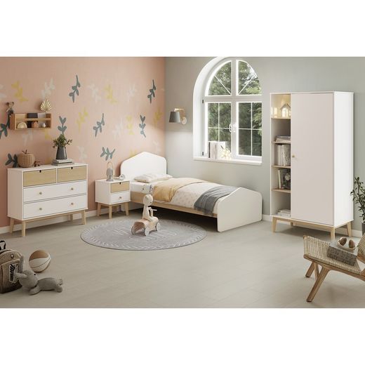 Cama para colchón de 90 cm, 195,4 x 100 x 90 cm, de madera de pino en blanco y natural  | Colección Estefania