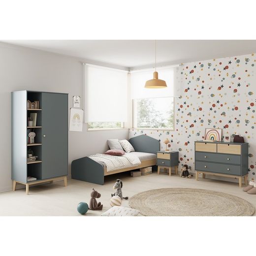 Cama para colchón de 90 cm, 195,4 x 100 x 90 cm, de madera de pino en verde y natural  | Colección Estefania