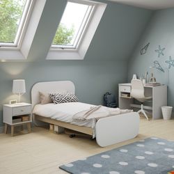 Cama para colchón de 90 cm, 195,4 x 106,5 x 90 cm, de madera de pino en blanco y natural  | Colección Esteban