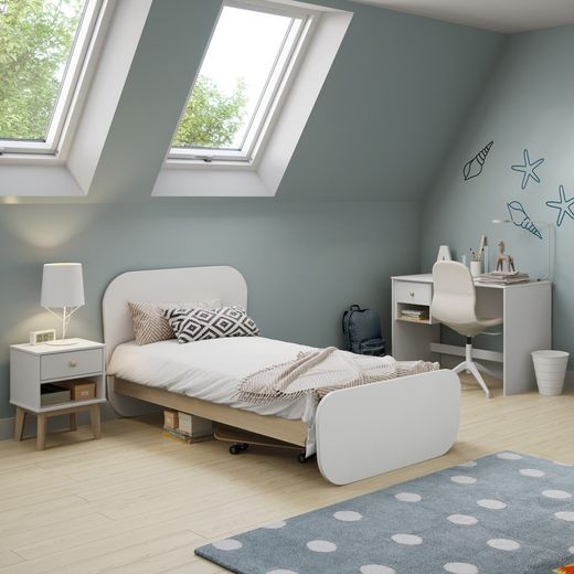 Cama para colchón de 90 cm, 195,4 x 106,5 x 90 cm, de madera de pino en blanco y natural  | Colección Esteban