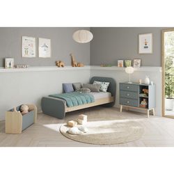 Cama para colchón de 90 cm, 195,4 x 106,5 x 90 cm, de madera de pino en verde y natural  | Colección Esteban