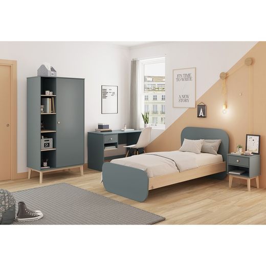 Cama para colchón de 90 cm, 195,4 x 106,5 x 90 cm, de madera de pino en verde y natural  | Colección Esteban