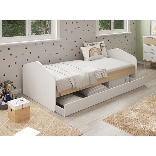 Cama para colchón de 90 cm, 205,4 x 100 x 65 cm, de madera de pino en blanco y natural  | Colección Estefania