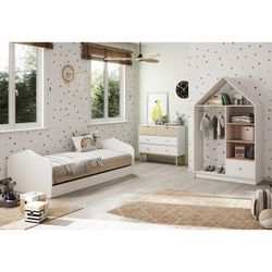 Cama para colchón de 90 cm, 205,4 x 100 x 65 cm, de madera de pino en blanco y natural  | Colección Estefania