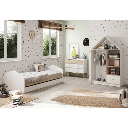 Cama para colchón de 90 cm, 205,4 x 100 x 65 cm, de madera de pino en blanco y natural  | Colección Estefania