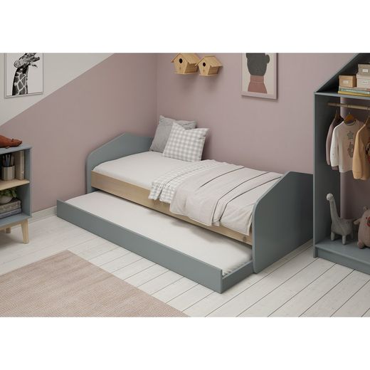 Cama para colchón de 90 cm, 205,4 x 100 x 65 cm, de madera de pino en verde y natural  | Colección Estefania