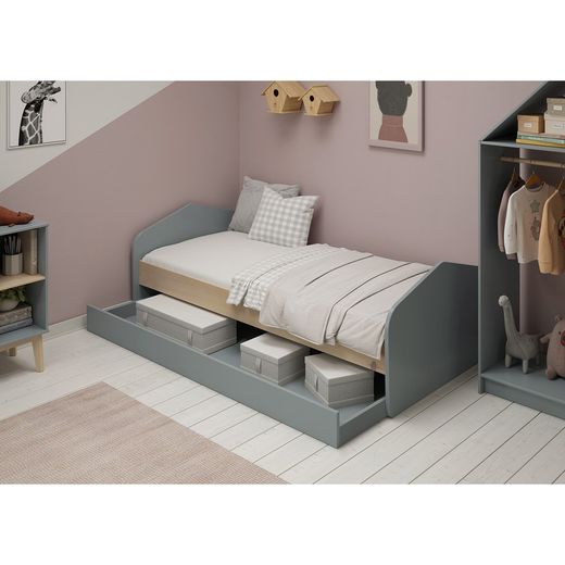 Cama para colchón de 90 cm, 205,4 x 100 x 65 cm, de madera de pino en verde y natural  | Colección Estefania