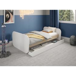 Cama para colchón de 90 cm, 205,4 x 102 x 65 cm, de madera de pino en blanco y natural  | Colección Esteban