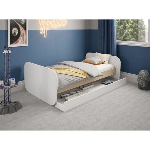 Cama para colchón de 90 cm, 205,4 x 102 x 65 cm, de madera de pino en blanco y natural  | Colección Esteban