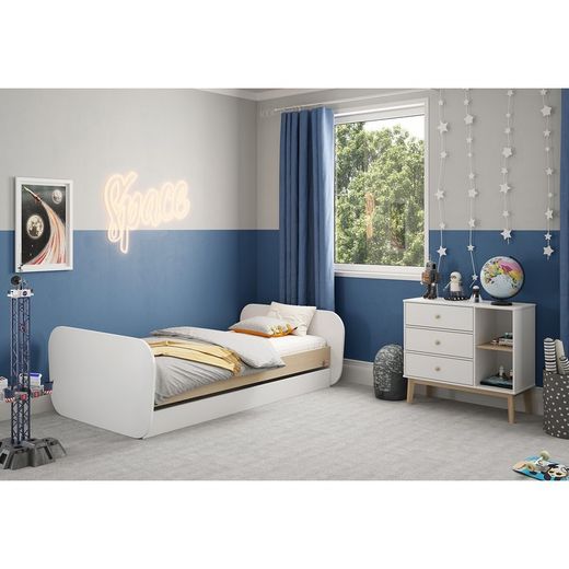 Cama para colchón de 90 cm, 205,4 x 102 x 65 cm, de madera de pino en blanco y natural  | Colección Esteban