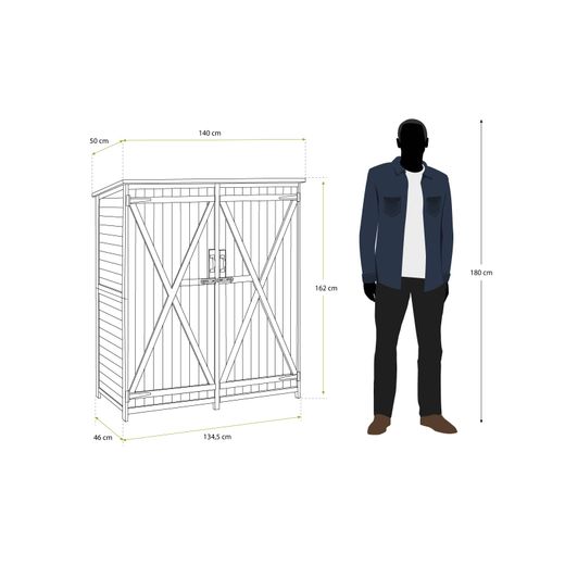 Caseta Armario Gardiun Sundy 140x52x162 cm en Madera Maciza para Exterior - Almacenamiento Resistente y Duradero al Aire Libre