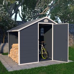 Caseta de Jardín en Resina Gardiun Sylvana A 3,92 m² con Leñero Exterior - 204x192x204 cm, Color Antracita, Resistente y Estética para tu Espacio Exterior