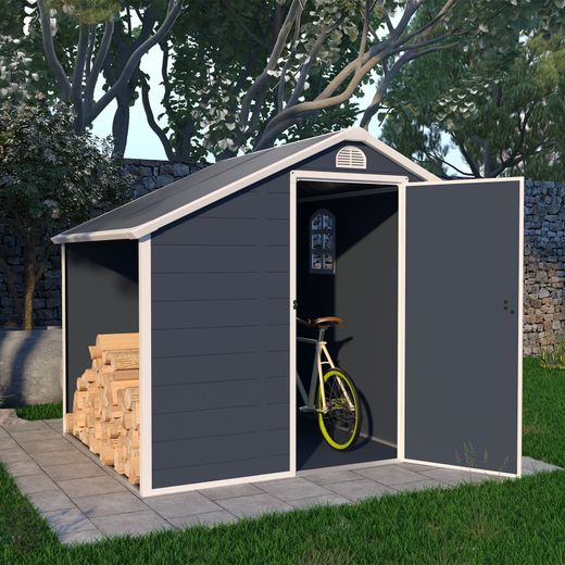 Caseta de Jardín en Resina Gardiun Sylvana A 3,92 m² con Leñero Exterior - 204x192x204 cm, Color Antracita, Resistente y Estética para tu Espacio Exterior