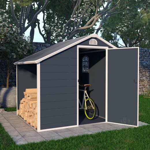 Caseta de Jardín en Resina Gardiun Sylvana A 3,92 m² con Leñero Exterior - 204x192x204 cm, Color Antracita, Resistente y Estética para tu Espacio Exterior