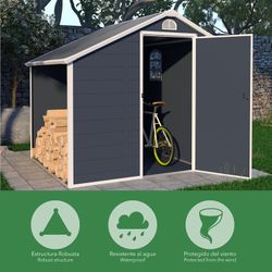 Caseta de Jardín en Resina Gardiun Sylvana A 3,92 m² con Leñero Exterior - 204x192x204 cm, Color Antracita, Resistente y Estética para tu Espacio Exterior
