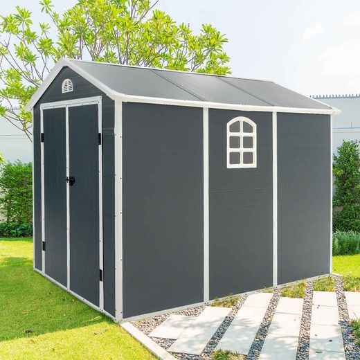 Caseta de Resina Exterior Gardiun New Fiorella 5,32m² (188x278x225 cm) con Ventanas Laterales y Respiraderos en Antracita/Blanco – Ideal para Jardín y Espacios al Aire Libre