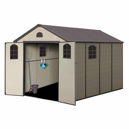 Caseta de resina Alessia D 8,82 m² con suelo y ventanas beige