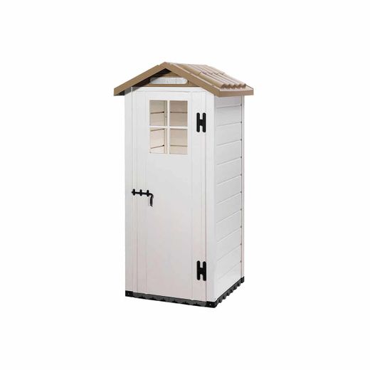 Caseta de Resina Gardiun Tuscany Evo 80 - 1 m² (97x97x203 cm) en Blanco/Beige, Diseño Elegante y Resistente para Jardín