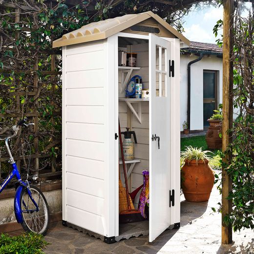 Caseta de Resina Gardiun Tuscany Evo 80 - 1 m² (97x97x203 cm) en Blanco/Beige, Diseño Elegante y Resistente para Jardín