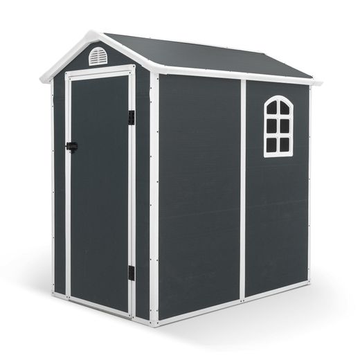 Caseta de Resina para Exterior Gardiun New Marena 2,57m² (130x190x203 cm) con Ventana Lateral y Respiraderos, Color Antracita/Blanco – Ideal para Jardín y Espacios al Aire Libre