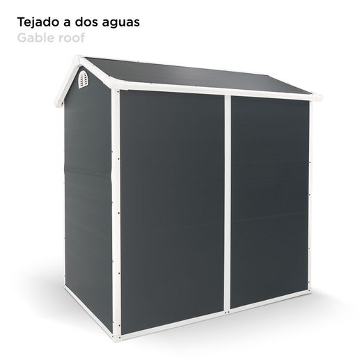Caseta de Resina para Exterior Gardiun New Marena 2,57m² (130x190x203 cm) con Ventana Lateral y Respiraderos, Color Antracita/Blanco – Ideal para Jardín y Espacios al Aire Libre