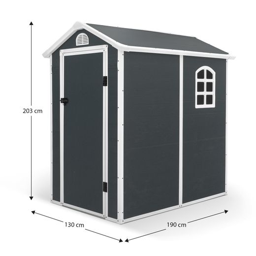 Caseta de Resina para Exterior Gardiun New Marena 2,57m² (130x190x203 cm) con Ventana Lateral y Respiraderos, Color Antracita/Blanco – Ideal para Jardín y Espacios al Aire Libre