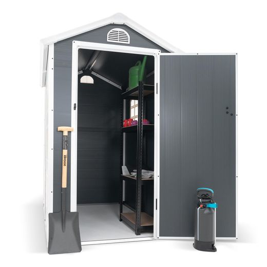 Caseta de Resina para Exterior Gardiun New Marena 2,57m² (130x190x203 cm) con Ventana Lateral y Respiraderos, Color Antracita/Blanco – Ideal para Jardín y Espacios al Aire Libre