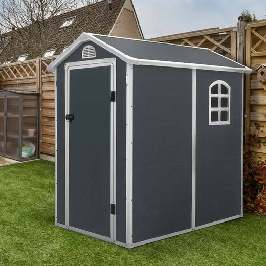 Caseta de Resina para Exterior Gardiun New Marena 2,57m² (130x190x203 cm) con Ventana Lateral y Respiraderos, Color Antracita/Blanco – Ideal para Jardín y Espacios al Aire Libre