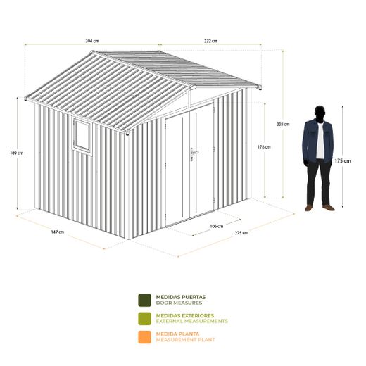 Caseta Metálica Gardiun Grunewald 7 m² Exterior 304x232x228 cm en Acero con Ventana Lateral y Puerta Doble 106x178 cm – Ideal para Jardín y Uso Exterior