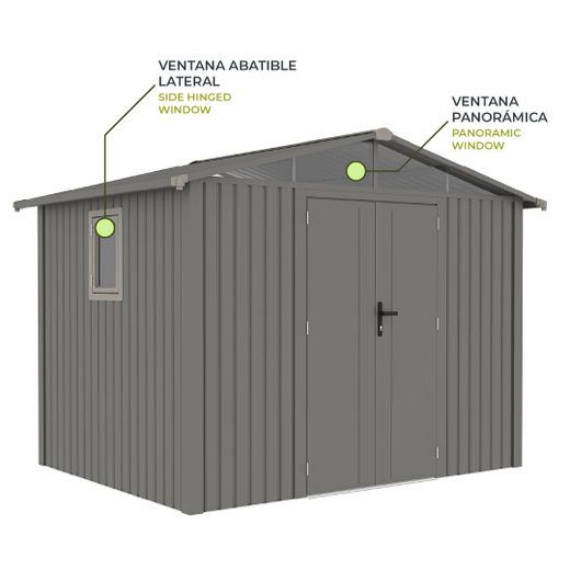 Caseta Metálica Gardiun Grunewald 7 m² Exterior 304x232x228 cm en Acero con Ventana Lateral y Puerta Doble 106x178 cm – Ideal para Jardín y Uso Exterior