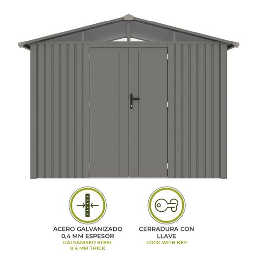 Caseta Metálica Gardiun Grunewald 7 m² Exterior 304x232x228 cm en Acero con Ventana Lateral y Puerta Doble 106x178 cm – Ideal para Jardín y Uso Exterior