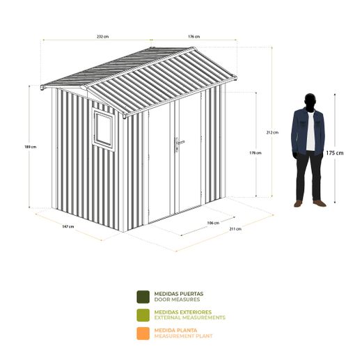 Caseta Metálica Gardiun Spree 4,1 m² Exterior 232x176x212 cm - Estructura de Acero con Ventana Lateral y Puerta Doble 106x178 cm, Ideal para Jardín y Uso Exterior