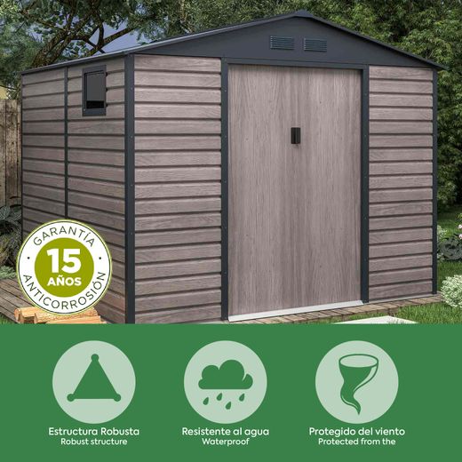 Caseta Metálica Gardiun Surrey 10,85 m² Exterior 340x319x226 cm en Acero con Ventana Lateral y Efecto Madera Veteada – Ideal para Jardín y Espacios Exteriores
