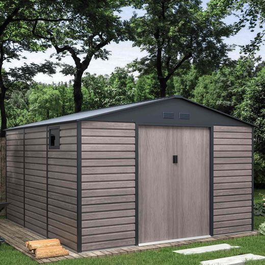 Caseta Metálica Gardiun Surrey 13 m² Exterior 340x382x226 cm en Acero con Ventana Lateral y Efecto Madera Veteada – Jardín, Terraza, Almacenaje