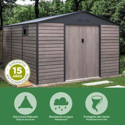 Caseta Metálica Gardiun Surrey 13 m² Exterior 340x382x226 cm en Acero con Ventana Lateral y Efecto Madera Veteada – Jardín, Terraza, Almacenaje