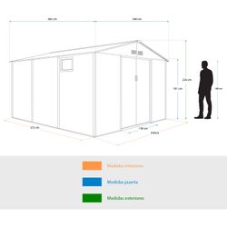 Caseta Metálica Gardiun Surrey 13 m² Exterior 340x382x226 cm en Acero con Ventana Lateral y Efecto Madera Veteada – Jardín, Terraza, Almacenaje