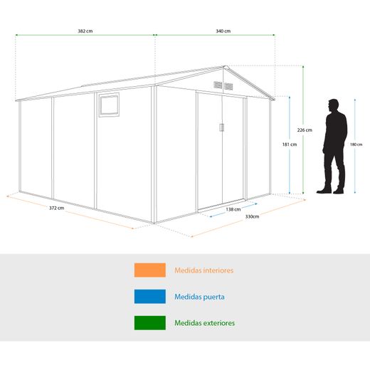 Caseta Metálica Gardiun Surrey 13 m² Exterior 340x382x226 cm en Acero con Ventana Lateral y Efecto Madera Veteada – Jardín, Terraza, Almacenaje