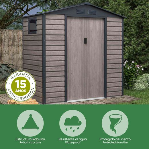 Caseta Metálica Gardiun Surrey 2,71 m² Exterior 213x127x211 cm - Estructura de Acero con Ventana Lateral y Diseño Efecto Madera Veteada