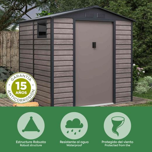 Abri de jardin métallique Gardiun Surrey 4,07 m² - Dimensions extérieures : 213 x 191 x 211 cm - Structure en acier avec fenêtre latérale et design effet bois, idéal pour le jardin et les espaces extérieurs.
