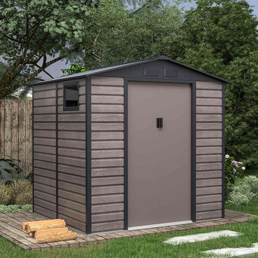 Abri de jardin métallique Gardiun Surrey 4,07 m² - Dimensions extérieures : 213 x 191 x 211 cm - Structure en acier avec fenêtre latérale et design effet bois, idéal pour le jardin et les espaces extérieurs.