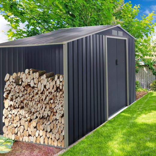 Caseta Metálica Gardiun Toronto con Leñero 3,53 m² Exterior 278x127x195 cm - Acero Galvanizado Gris Antracita, Resistente y Duradera para Jardín y Almacenamiento