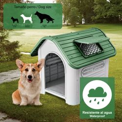 Caseta para Perro Mediano Gardiun Dakota 72x87x75 cm en Resina, Color Beige/Verde, Resistente y Duradera para Exterior