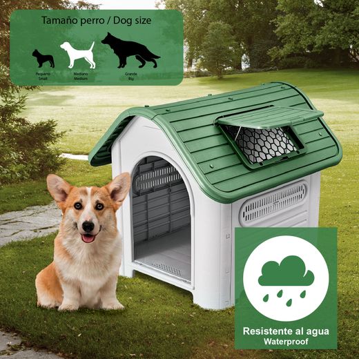 Caseta para Perro Mediano Gardiun Dakota 72x87x75 cm en Resina, Color Beige/Verde, Resistente y Duradera para Exterior