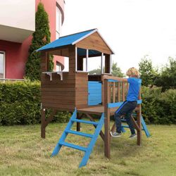 Casita infantil, 239,5 x 156 x 198 cm, de madera de pino en marrón y azul | Colección Melody Blue