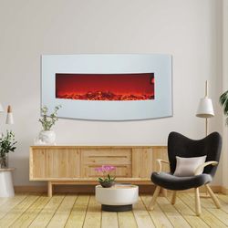 Stufa elettrica 1600 W, 128 x 26 x 61 cm, in metallo e vetro temperato bianco | Collezione Alaska