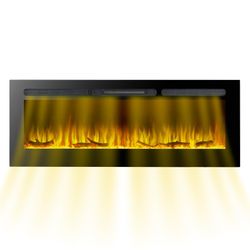 Stufa elettrica, 152,4 x 14 x 48 cm, in acciaio, vetro temperato e resina nera | Collezione Arkansas