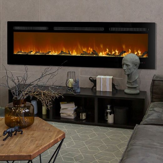 Stufa elettrica decorativa, 173 x 10 x 46 cm, in acciaio e vetro temperato nero | Collezione Maine